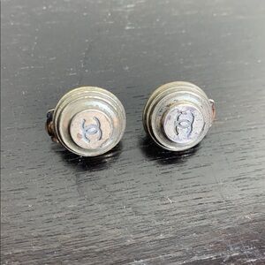 Chanel Silver Black Round CC Logo Stud Clip On Earrings